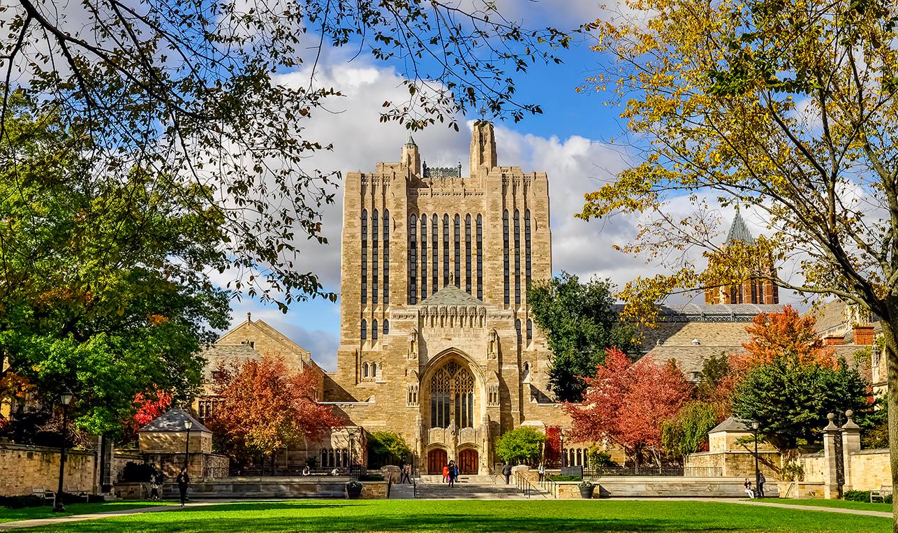 Yale Sterling Memorial Library with autumn foliage